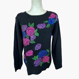 Work In‎ Progress Sequin Sweater Med Black Floral Silk 80s Glam Holiday Vintage